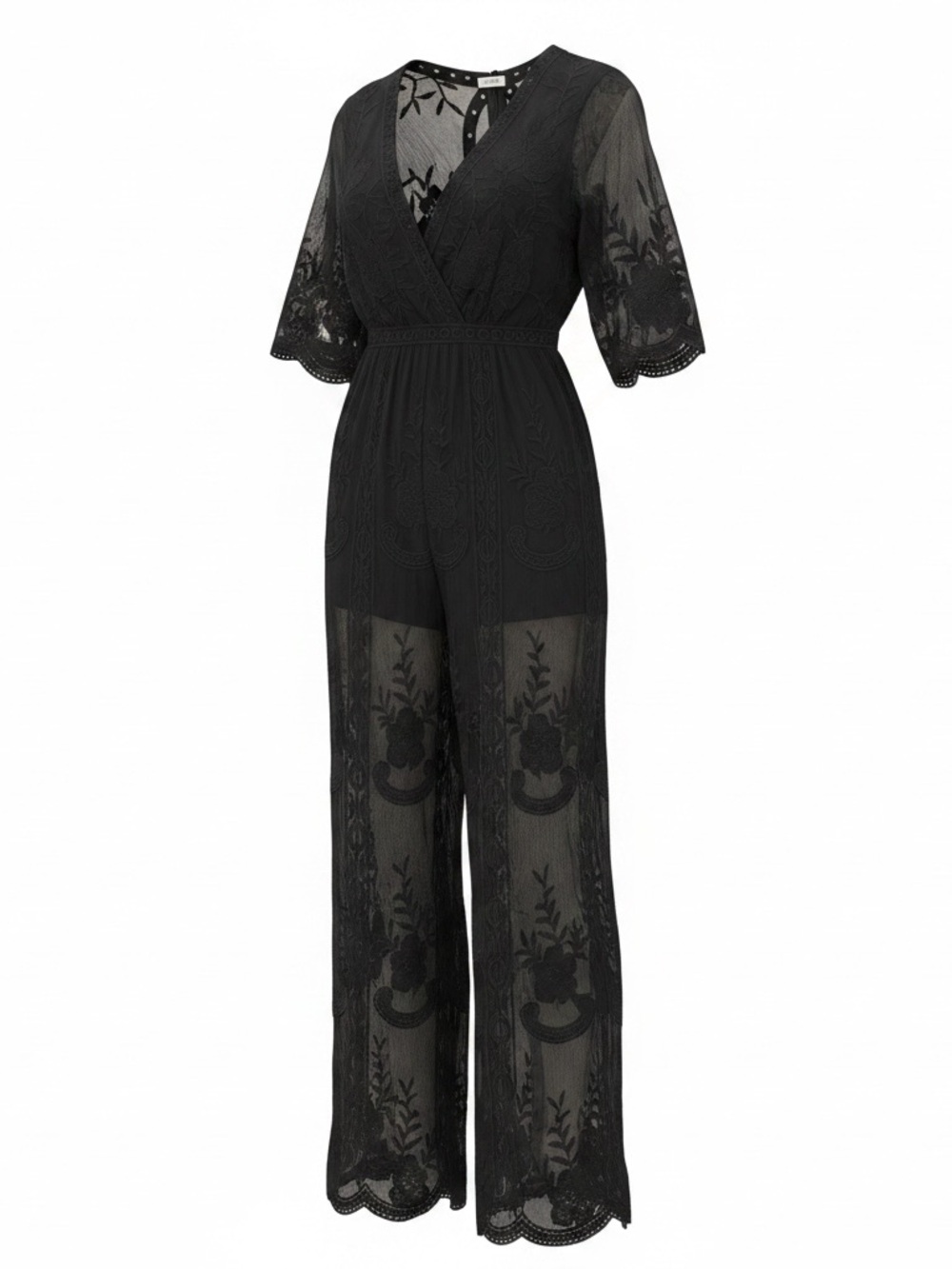 Whimsigoth Black Sheer Mesh Embroidered Jumpsuit M V Neck Dark Fairy Boho Goth